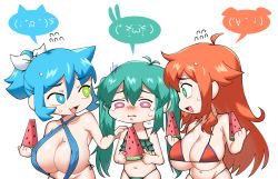 Rule 34 | 3girls, bad id, bad pixiv id, bikini, blue eyes, blue hair, blue one-piece swimsuit, breasts, chibi, cleavage, fang, flat chest, flying sweatdrops, food, green bikini, green eyes, green hair, heterochromia, highres, large breasts, long hair, looking at another, mole, mole on breast, multiple girls, navel, one-piece swimsuit, open mouth, original, pink eyes, popsicle, red bikini, red hair, saru (monkey magic3), short hair, short ponytail, skin fang, slingshot swimsuit, swimsuit, watermelon bar