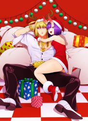 Rule 34 | 1boy, 1girl, :d, alternate costume, ass, back, bare shoulders, blonde hair, blush, boots, box, bracelet, breasts, checkered floor, christmas, dress, fang, fate/grand order, fate (series), fur trim, gift, gift box, gloves, hat, horns, jewelry, looking at viewer, necklace, oni, open mouth, purple eyes, purple hair, red dress, red footwear, red gloves, sack, sakata kintoki (fate), santa boots, santa costume, santa gloves, santa hat, shiromako, short hair, shuten douji (fate), skin-covered horns, small breasts, smile, strapless, strapless dress, sunglasses