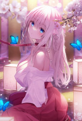 Rule 34 | 1girl, :/, bare shoulders, blue butterfly, blue eyes, blurry, blurry background, blurry foreground, blush, breasts, bug, butterfly, cherry blossoms, cleavage, closed mouth, collar, commentary request, day, floral print, flower, hair between eyes, hakama, hakama skirt, insect, japanese clothes, lantern, large breasts, leash, long hair, looking at viewer, navy (navy.blue), off shoulder, original, outdoors, paper lantern, pink flower, pleated skirt, red collar, red hakama, red skirt, shirt, sitting, skirt, solo, wariza, white hair, white shirt