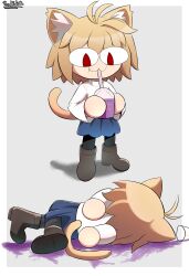 Rule 34 | &lt;|&gt; &lt;|&gt;, 1girl, :3, absurdres, animal ear fluff, animal ears, antenna hair, artist name, before and after, black pantyhose, blonde hair, blue skirt, boots, border, brown footwear, cat ears, cat girl, cat tail, chibi, closed mouth, commentary, cup, disposable cup, drink, drinking, drinking straw, english commentary, family guy death pose (meme), full body, grey background, grimace shake (meme), hammerofsolace, highres, holding, holding drink, long hair, long sleeves, looking down, mcdonald&#039;s, melty blood: type lumina, meme, neco-arc, on ground, pantyhose, red eyes, shirt, short hair, skirt, smile, solo, spill, tail, white border, white shirt