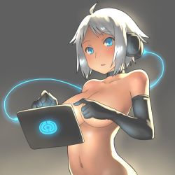 Rule 34 | 1girl, aaaa (quad-a), bad id, bad pixiv id, black gloves, blue eyes, blush, breasts, cable, choker, elbow gloves, gloves, grey background, headphones, highres, large breasts, navel, open mouth, original, short hair, simple background, solo, white hair