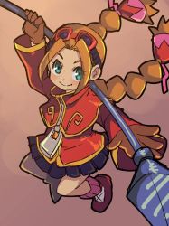 Rule 34 | 1girl, black skirt, blue eyes, blush, braid, brown gloves, brown hair, capelet, female focus, gloves, goggles, goggles on head, gradient background, gurumin, holding, holding weapon, looking at viewer, parin, parted bangs, pleated skirt, skirt, smile, solo, staff, stupa13a, twin braids, weapon, zipper pull tab