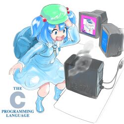 Rule 34 | 1girl, backpack, bag, blue eyes, blue hair, blue screen of death, bonzibuddy, boots, c (programming language), computer, crt, hair bobbles, hair ornament, hat, highres, kawashiro nitori, key, monitor, open mouth, profitshame, rubber boots, smoke, solo, surprised, touhou, two side up