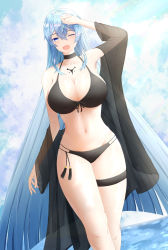 Rule 34 | 1girl, 271, absurdres, akame ga kill!, bikini, black bikini, blue eyes, blue hair, blush, breasts, chest tattoo, choker, cleavage, colored eyelashes, curvy, esdeath, female focus, front-tie bikini top, front-tie top, highres, huge breasts, large breasts, long hair, looking at viewer, matching hair/eyes, navel, one eye closed, solo, stomach, swimsuit, tattoo, thigh strap, wink