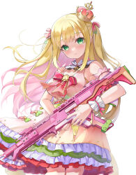Rule 34 | 1girl, absurdres, arm garter, blonde hair, bow, bowtie, breasts, character name, colored inner hair, commission, cross, cross in eye, crown, dress, frilled dress, frills, green bow, green eyes, green ribbon, gun, hair ribbon, heart, highres, holding, holding gun, holding weapon, ikoi momoa, layered dress, medium breasts, mini crown, multicolored hair, pink bow, pink bowtie, pink hair, pink ribbon, piyokuma, propro production, ribbon, rifle, skeb commission, sleeveless, sleeveless dress, solo, twintails, two-tone bow, two-tone ribbon, virtual youtuber, weapon