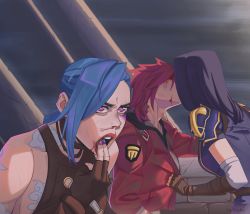 Rule 34 | 3girls, arcane: league of legends, arcane caitlyn, arcane jinx, arcane vi, arm tattoo, bare shoulders, blue hair, breasts, caitlyn (league of legends), gagging, highres, jinx (league of legends), kiss, league of legends, meme, multiple girls, nabby (le akissha), photo-referenced, pink eyes, pink hair, short hair, siblings, sideboob, sisters, small breasts, tattoo, vi (league of legends), yuri
