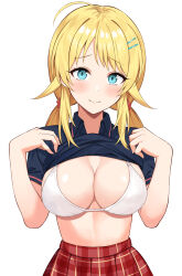 Rule 34 | 1girl, ahoge, asato (fadeless), black bra, black shirt, blonde hair, blue eyes, blush, bra, breasts, cleavage, closed mouth, collared shirt, hachimiya meguru, hair flaps, hair ornament, hairclip, highres, idolmaster, idolmaster shiny colors, large breasts, lifting own clothes, long hair, looking at viewer, low twintails, plaid, plaid skirt, polo shirt, red skirt, shirt, short sleeves, simple background, skirt, smile, solo, standing, twintails, underwear, upper body, white background