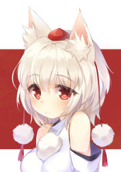 Rule 34 | 1girl, animal ears, bad id, bad pixiv id, bare shoulders, blush, detached sleeves, hat, inubashiri momiji, looking at viewer, mirei, pom pom (clothes), red eyes, short hair, silver hair, smile, solo, tokin hat, touhou, upper body, wolf ears