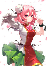 Rule 34 | 1girl, :/, arm garter, bandaged arm, blurry, blush, breasts, bun cover, chain, cherry blossoms, chinese clothes, closed mouth, cowboy shot, cuffs, depth of field, double bun, fighting stance, fkey, flower, foreshortening, green skirt, hair bun, highres, ibaraki kasen, looking at viewer, medium breasts, petals, pink eyes, pink hair, pink rose, puffy short sleeves, puffy sleeves, rose, shackles, short hair, short sleeves, skirt, solo, tabard, touhou