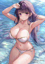 Rule 34 | 1girl, alternate hairstyle, arms up, artist name, bikini, breasts, cleavage, collarbone, commentary request, genshin impact, hand in own hair, highres, large breasts, looking at viewer, mole, mole under eye, navel, open mouth, partially submerged, purple eyes, purple hair, raiden shogun, side-tie bikini bottom, sitting, solo, straight hair, swimsuit, takenoko pengin, white bikini