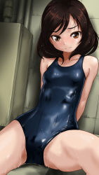 Rule 34 | 1girl, blue one-piece swimsuit, blue school swimsuit, blush, box, breasts, brown eyes, brown hair, collarbone, commentary request, cowboy shot, dot nose, looking at viewer, medium hair, one-piece swimsuit, original, rohitsuka, school swimsuit, shiny clothes, sitting, small breasts, solo, spread legs, swimsuit, tsurime, wavy mouth, wet, wet clothes, wet hair, wet swimsuit