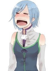 Rule 34 | &gt; &lt;, 1girl, 9072/, bare shoulders, blue hair, closed eyes, detached sleeves, fairy tail, juvia lockser, lowres, open mouth, sad, short hair, simple background, solo, tears