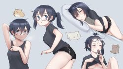 Rule 34 | 1girl, absurdres, arm up, armpits, ass, bed sheet, black hair, black shirt, black shorts, blue eyes, blush, breasts, cat, clothes lift, food, food in mouth, glasses, grey background, highres, ice cream, lifted by self, long hair, lying, m1saki 1, medium breasts, multiple views, on side, open mouth, original, pillow, ponytail, shirt, short hair, shorts
