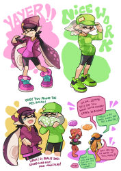 Rule 34 | + +, 4girls, baseball cap, beanie, bike shorts, black hair, black shorts, brown eyes, burst bomb (splatoon), callie (splatoon), comic, earrings, english text, fangs, female focus, goggles, gomipomi, green footwear, green hat, green shirt, grey hair, grin, hands in pockets, hat, hat ornament, headgear, holding, holding weapon, hood, hoodie, inkling, inkling girl, inkling player character, jacket, jewelry, laughing, long sleeves, looking at another, looking at viewer, marie (splatoon), mask, mole, mole under eye, mouth mask, multiple girls, nintendo, octoling, octoshot (splatoon), one eye closed, open clothes, open jacket, orange hair, pointy ears, purple footwear, purple hat, purple jacket, purple shirt, red hair, shirt, shoes, shorts, single vertical stripe, smile, sneakers, splatoon (series), splatoon 1, squidbeak splatoon, standing, star (symbol), star hat ornament, sunglasses, surgical mask, takozonesu, tearing up, tentacle hair, vest, weapon, white background