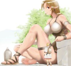 Rule 34 | 1girl, ankle lace-up, bare shoulders, barefoot, breasts, brown hair, cleavage, cross-laced footwear, elf, feet, giant, giantess, large breasts, legs, long hair, looking down, looking to the side, original, panah, pointy ears, red eyes, sandals, sheath, sheathed, shoes, sideboob, single shoe, sitting, size difference, socks, soles, solo focus, sword, toes, weapon, wristband