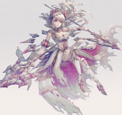 Rule 34 | 1girl, armor, dress, dual wielding, floating, gradient background, grey background, hisahisahisahisa, holding, holding polearm, holding spear, holding weapon, horns, long hair, md5 mismatch, original, parted lips, platinum blonde hair, polearm, red eyes, resolution mismatch, solo, source larger, spear, torn clothes, weapon, white dress