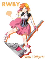Rule 34 | 1girl, aqua eyes, character name, cleavage cutout, clothing cutout, copyright name, fingerless gloves, flipped hair, gloves, hammer, heart, nora valkyrie, open mouth, orange hair, rwby, simple background, siroirohituji, smile