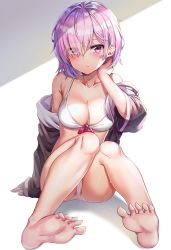 Rule 34 | 1girl, absurdres, bare shoulders, barefoot, bikini, blush, breasts, collarbone, eyes visible through hair, fate/grand order, fate (series), feet, hair over one eye, hand on own neck, highres, jacket, knees together feet apart, large breasts, looking at viewer, mash kyrielight, mash kyrielight (swimsuit of perpetual summer), off shoulder, official alternate costume, open clothes, open jacket, purple eyes, purple hair, short hair, simple background, sitting, smile, soles, solo, sunhyun, swimsuit, toes, wet, white bikini