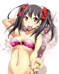 Rule 34 | &gt;:), 10s, 1girl, bandeau, bikini, bikini top only, black hair, blush, bow, breasts, condom, condom in mouth, hair bow, highres, looking at viewer, love live!, love live! school idol project, medium breasts, mouth hold, navel, o-ring, o-ring top, pink bikini, red eyes, short hair, smile, solo, swimsuit, tanashi (mk2), twintails, v-shaped eyebrows, yazawa nico