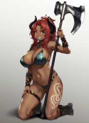 Rule 34 | 1girl, armlet, armor, armpits, axe, battle axe, bikini armor, boots, breasts, cleavage, clenched teeth, collarbone, commentary, commentary request, dark-skinned female, dark skin, elf, full body, gradient background, highres, holding, holding weapon, horns, houtengeki, jewelry, knee boots, kneeling, large breasts, looking at viewer, navel, necklace, one eye closed, original, parted bangs, parted lips, pointy ears, ponytail, red hair, scar, shadow, sidelocks, solo, stomach, symbol-only commentary, tattoo, teeth, thigh strap, thighs, weapon, yellow eyes