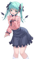 Rule 34 | 1girl, absurdres, commentary, ear piercing, fangs, hair ornament, hatsune miku, heart, highres, jewelry, long hair, long sleeves, looking at viewer, mask, mask pull, mouth mask, open mouth, piercing, red background, ribbon, ryaru ryaru, shirt, smile, solo, twintails, vampire (vocaloid), vocaloid