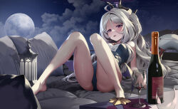 Rule 34 | 1girl, ahoge, arm support, ass, bare legs, barefoot, bed, bed sheet, blue archive, bottle, cloud, cloudy sky, commentary request, cup, demon girl, demon horns, demon wings, drinking glass, forehead, full moon, gum shrew, halo, highres, hina (blue archive), hina (swimsuit) (blue archive), horns, knees up, lantern, long hair, looking at viewer, lying, moon, mountainous horizon, night, night sky, official alternate costume, old school swimsuit, on back, one side up, outdoors, parted bangs, parted lips, pillow, purple eyes, school swimsuit, sidelocks, sky, solo, swimsuit, tray, white hair, wine bottle, wine glass, wings