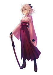 Rule 34 | 1girl, ahoge, applekun, black bow, blonde hair, boots, bow, brown footwear, closed mouth, cross-laced footwear, fate (series), full body, hair between eyes, hair bow, hakama, hakama skirt, hand on hilt, high heel boots, high heels, highres, japanese clothes, kimono, koha-ace, lace-up boots, long sleeves, okita souji (fate), okita souji (koha-ace), pink kimono, red hakama, sheath, sheathed, short hair, simple background, skirt, solo, standing, sword, weapon, white background, wide sleeves, yellow eyes