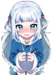 Rule 34 | 1girl, afterimage, blue eyes, blue hoodie, blush, collarbone, commentary, drawstring, fins, fish tail, gawr gura, gawr gura (1st costume), grey hair, hair ornament, highres, hololive, hololive english, hood, hood down, hoodie, long hair, long sleeves, looking at viewer, multicolored hair, nose blush, parted lips, shark tail, sharp teeth, simple background, sleeves past wrists, solo, steepled fingers, streaked hair, sweat, tail, tail wagging, teeth, tosyeo, two side up, very long hair, virtual youtuber, white background, wide sleeves