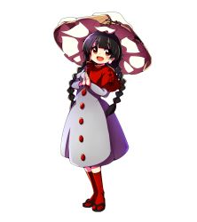 Rule 34 | 1girl, ajirogasa, baba (baba seimaijo), black hair, braid, buttons, capelet, commentary request, dress, full body, grey dress, hat, highres, long earlobes, long hair, long sleeves, open mouth, own hands together, red eyes, red legwear, sandals, solo, standing, touhou, transparent background, twin braids, yatadera narumi