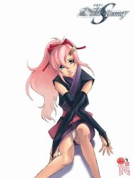 Rule 34 | 00s, 1girl, black dress, blush, bow, detached sleeves, dress, gundam, gundam seed, gundam seed destiny, hair bow, head tilt, lacus clyne, long sleeves, looking at viewer, panties, pantyshot, pink hair, ponytail, red bow, simple background, sitting, smile, solo, underwear, white background, white panties