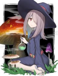 Rule 34 | 1girl, absurdres, bad id, bad pixiv id, barefoot, blue dress, brown eyes, closed mouth, dress, flask, grass, grey hair, hair over one eye, hat, highres, holding, little witch academia, looking at viewer, looking back, mushroom, sidelocks, smoke, soles, solo, sucy manbavaran, tadaomi (amomom), wide sleeves, witch hat