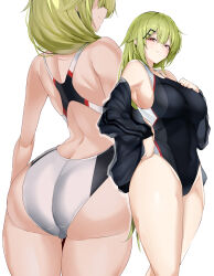 Rule 34 | 1girl, absurdres, alternate costume, arched back, ass, back cutout, bare arms, bare shoulders, black jacket, black one-piece swimsuit, blush, breasts, closed mouth, clothing cutout, commission, competition swimsuit, criss-cross back-straps, from behind, girls&#039; frontline, green eyes, grey headwear, groin, hair ornament, hairclip, highleg, highleg swimsuit, highres, impossible clothes, impossible swimsuit, jacket, large breasts, long hair, long sleeves, looking at viewer, maruyaa (malya1006), median furrow, mk48 (girls&#039; frontline), multiple views, off shoulder, one-piece swimsuit, open clothes, open jacket, red eyes, simple background, skeb commission, smile, swimsuit, taut clothes, taut swimsuit, thighs, track jacket, trefoil, two-tone one-piece swimsuit, white background, white one-piece swimsuit