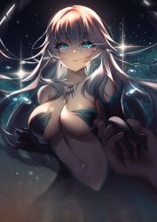 Rule 34 | 1girl, artemis (fate), bare shoulders, black background, black dress, black gloves, blue eyes, breasts, center opening, cleavage, collarbone, dress, elbow gloves, fate/grand order, fate (series), gloves, hair between eyes, highres, holding hands, jewelry, kernel killer, large breasts, long hair, looking at viewer, navel, necklace, parted lips, solo focus, tears, white hair
