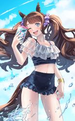Rule 34 | absurdres, alternate costume, animal ears, bad id, bad pixiv id, blue eyes, brown hair, cellphone, collarbone, commentary request, hair ornament, highres, horse ears, horse tail, long hair, looking at viewer, navel, nayuta ggg, one eye closed, phone, swimsuit, tail, tosen jordan (umamusume), twintails, umamusume, water