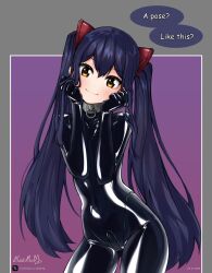 1girl alternate_costume battlebunny black_bodysuit blue_hair bodysuit brown_eyes collar english_text fairy_tail highres latex latex_bodysuit long_hair looking_at_viewer metal_collar signature solo twintails twitter_logo twitter_username watermark web_address wendy_marvell