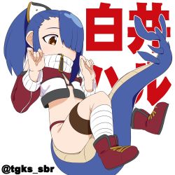 Rule 34 | 1girl, blue hair, borrowed character, brown eyes, dragon tail, female focus, hair over one eye, highres, kagura roku, open mouth, original, ponytail, shoes, simple background, solo, tail, twitter username, white background