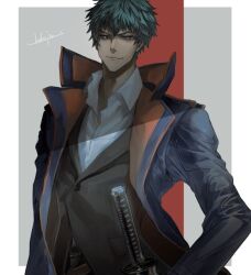 Rule 34 | 1boy, black suit, blue hair, blue jacket, collarbone, collared coat, collared shirt, fate/grand order, fate (series), formal, hakoito, jacket, long jacket, male focus, open clothes, open jacket, saitou hajime (fate), sheath, sheathed, shirt, short hair, signature, smile, suit, sword, two-tone background, weapon