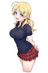 Rule 34 | 1girl, :d, ahoge, arms behind back, blonde hair, blue eyes, blue shirt, blush, breasts, collarbone, collared shirt, cowboy shot, cropped legs, hachimiya meguru, hair ornament, hairclip, highres, idolmaster, idolmaster shiny colors, jp06, large breasts, long hair, looking at viewer, looking to the side, low twintails, miniskirt, open mouth, plaid, plaid skirt, polo shirt, red skirt, school uniform, shirt, short sleeves, simple background, skirt, smile, solo, standing, star (symbol), star hair ornament, swept bangs, twintails, white background