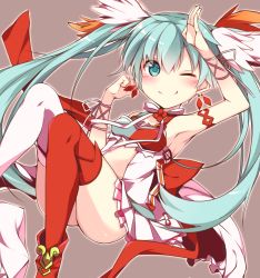 Rule 34 | 10s, 1girl, ;), absurdres, aqua hair, armpits, bad id, bad pixiv id, blush, brown background, chrono (himadon), earrings, highres, jewelry, long hair, one eye closed, red thighhighs, salute, simple background, smile, solo, tama (wixoss), thighhighs, twintails, white thighhighs, wixoss