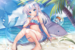 Rule 34 | 1girl, absurdres, beach, bikini, bloop (gawr gura), blue eyes, blue hair, blunt bangs, bracelet, breasts, feet, fins, fish tail, food, gawr gura, hair ornament, highres, hololive, hololive english, holomyth, ice cream, jewelry, legs, looking at viewer, medium hair, multicolored hair, ocean, palm tree, rinringyo, shark girl, shark hair ornament, shark tail, silver hair, small breasts, streaked hair, swimsuit, tail, thigh strap, tree, two side up, virtual youtuber