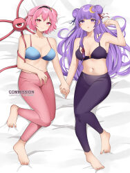 Rule 34 | 2girls, absurdres, bare arms, bare shoulders, barefoot, bed sheet, black hairband, blue bra, bra, commentary, commission, double bun, hair bun, hairband, hand up, highres, holding hands, komeiji satori, leggings, lying, multiple girls, navel, on back, pants, patchouli knowledge, pinepin, pink eyes, pink hair, pink pants, purple bra, purple eyes, purple hair, purple pants, short hair, stomach, thighs, third eye, touhou, underwear