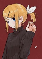 Rule 34 | 1girl, alternate hairstyle, black sweater, blonde hair, blue eyes, bow, breasts, commentary, flat chest, hair bow, hair ornament, hair ribbon, hairclip, kagamine rin, keylow, looking at viewer, red background, ribbon, short ponytail, sidelocks, sideways glance, small breasts, smile, solo, sweater, swept bangs, turtleneck, turtleneck sweater, vocaloid, white bow, white ribbon, yellow nails
