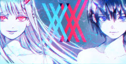 Rule 34 | 10s, 1boy, 1girl, absurdres, black hair, blue eyes, blue horns, collarbone, commentary request, couple, darling in the franxx, hetero, highres, hiro (darling in the franxx), horns, long hair, looking at viewer, oni horns, pink hair, red eyes, red horns, short hair, topless male, umibe ghud2444, zero two (darling in the franxx)