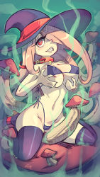 Rule 34 | 1girl, absurdres, bikini, boots, breasts, cleavage, collar, gerph, hair over one eye, hat, high heel boots, high heels, highres, little witch academia, long hair, mushroom, pink hair, sharp teeth, sucy manbavaran, swimsuit, teeth, thigh boots, thighhighs, witch hat