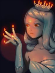 Rule 34 | 1girl, artist name, bellhenge, black background, breasts, candle, crown, dress, fire, gloves, glowing, long hair, original, personification, red eyes, shadow, solo, strapless, strapless dress, upper body, white dress, white gloves, white hair