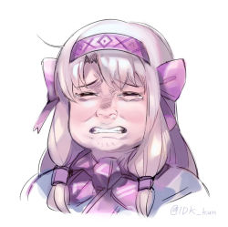 Rule 34 | 10s, 1girl, blonde hair, bow, clenched teeth, closed eyes, commentary, crying, english commentary, facing viewer, fate/grand order, fate (series), golden kamuy, hair bow, hair tubes, hairband, idk-kun, portrait, purple bow, simple background, sitonai (fate), snot, solo, tears, teeth, twitter username, white background