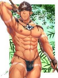 Rule 34 | 1boy, abs, arm tattoo, armpits, bara, brown hair, bulge, dark-skinned male, dark skin, facial hair, goatee, headband, highres, jewelry, large pectorals, long sideburns, looking at viewer, male focus, muscular, muscular male, navel, necklace, nipples, pectorals, pointy ears, sideburns, simple background, solo, spiked hair, stomach tattoo, tangaroa (housamo), tattoo, tepen (tptptpn), tokyo houkago summoners, white hair, yellow eyes