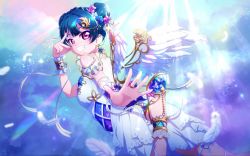 Rule 34 | 1girl, alternate hairstyle, angel of eden (love live!), angel wings, ankle cuffs, artist name, artist request, back bow, bare legs, bare shoulders, blue bow, blue flower, blue footwear, blue hair, blue skirt, blue sky, blue wrist cuffs, blush, bow, braid, breasts, cloud, collarbone, crown braid, crystal hair ornament, double bun, dress, feathers, female focus, flower, frilled dress, frills, from behind, hair bun, hair flower, hair ornament, hair ribbon, high heels, highres, jewelry, looking at viewer, looking back, love live!, love live! school idol festival, love live! school idol festival all stars, love live! sunshine!!, medium breasts, miniskirt, outdoors, parted lips, pink eyes, pink flower, plaid, plaid dress, plaid skirt, pleated, pleated dress, pleated skirt, purple eyes, ribbon, ribbon-trimmed legwear, ribbon trim, ring, short hair, short sleeves, sideboob, skirt, sky, sleeveless, sleeveless dress, smile, solo, strapless, strapless dress, striped, striped bow, sunlight, teeth, tsushima yoshiko, v, v over eye, white detached collar, white dress, white feathers, white flower, white ribbon, white skirt, white wings, white wrist cuffs, wings, wrist cuffs
