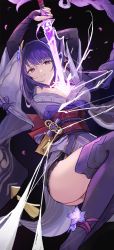 Rule 34 | 1girl, absurdres, braid, breasts, dress, ema (kuguiema), flower, genshin impact, gluteal fold, haori, highres, holding, holding sword, holding weapon, japanese clothes, large breasts, lightning, long hair, looking at viewer, mole, musou isshin (genshin impact), purple dress, purple eyes, purple hair, raiden shogun, red sash, sash, smile, sword, thighhighs, weapon