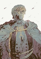 Rule 34 | 1boy, 5altybitter5, armor, blood, blood on clothes, blood on face, breastplate, cape, closed mouth, copyright request, highres, male focus, serious, short hair, simple background, solo, upper body, white background